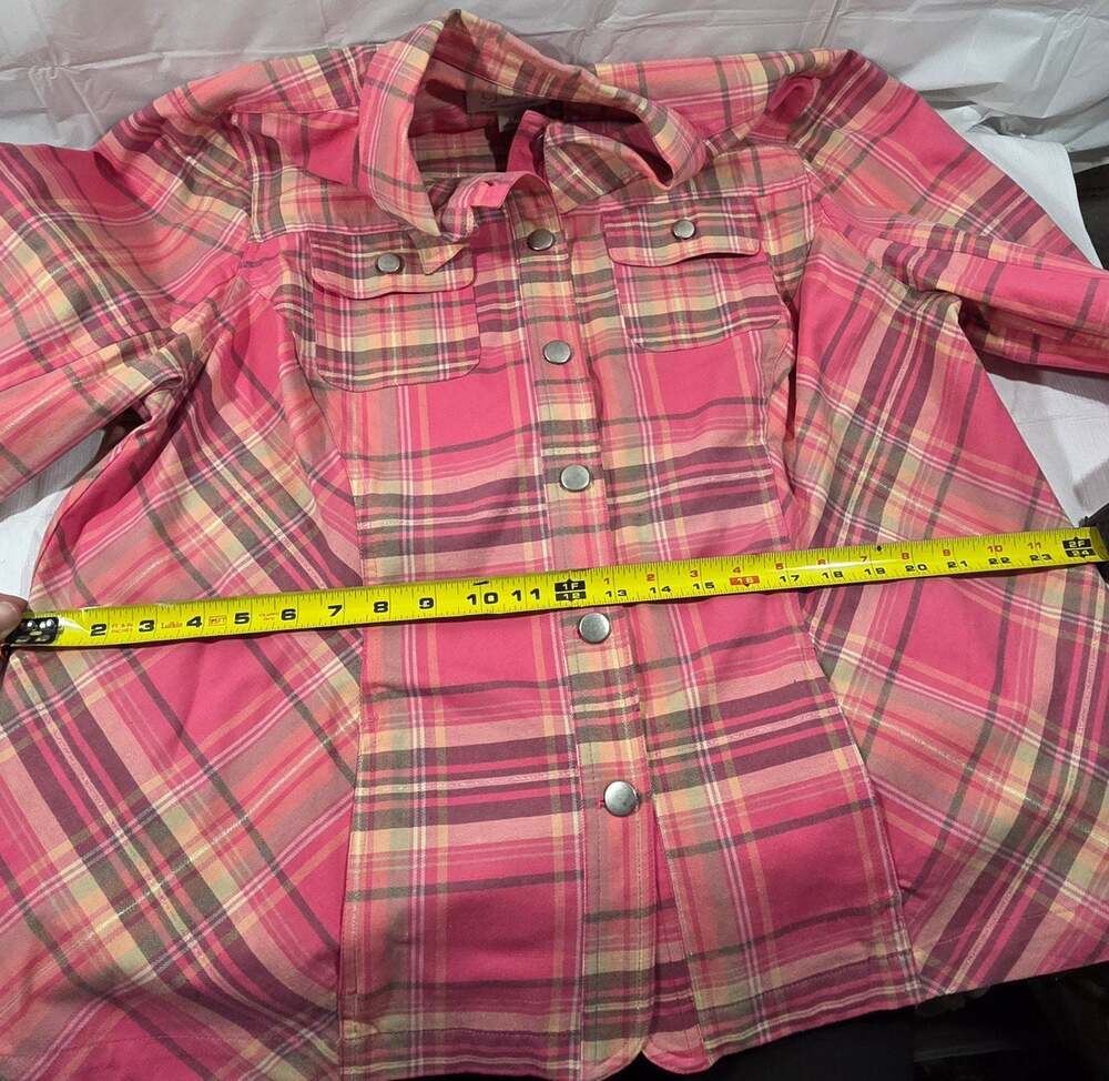 CJ Banks Women’s Plaid Button Front Shirt Jacket 1X Pink Stretch Long Sleeve Poc - Picture 10 of 10